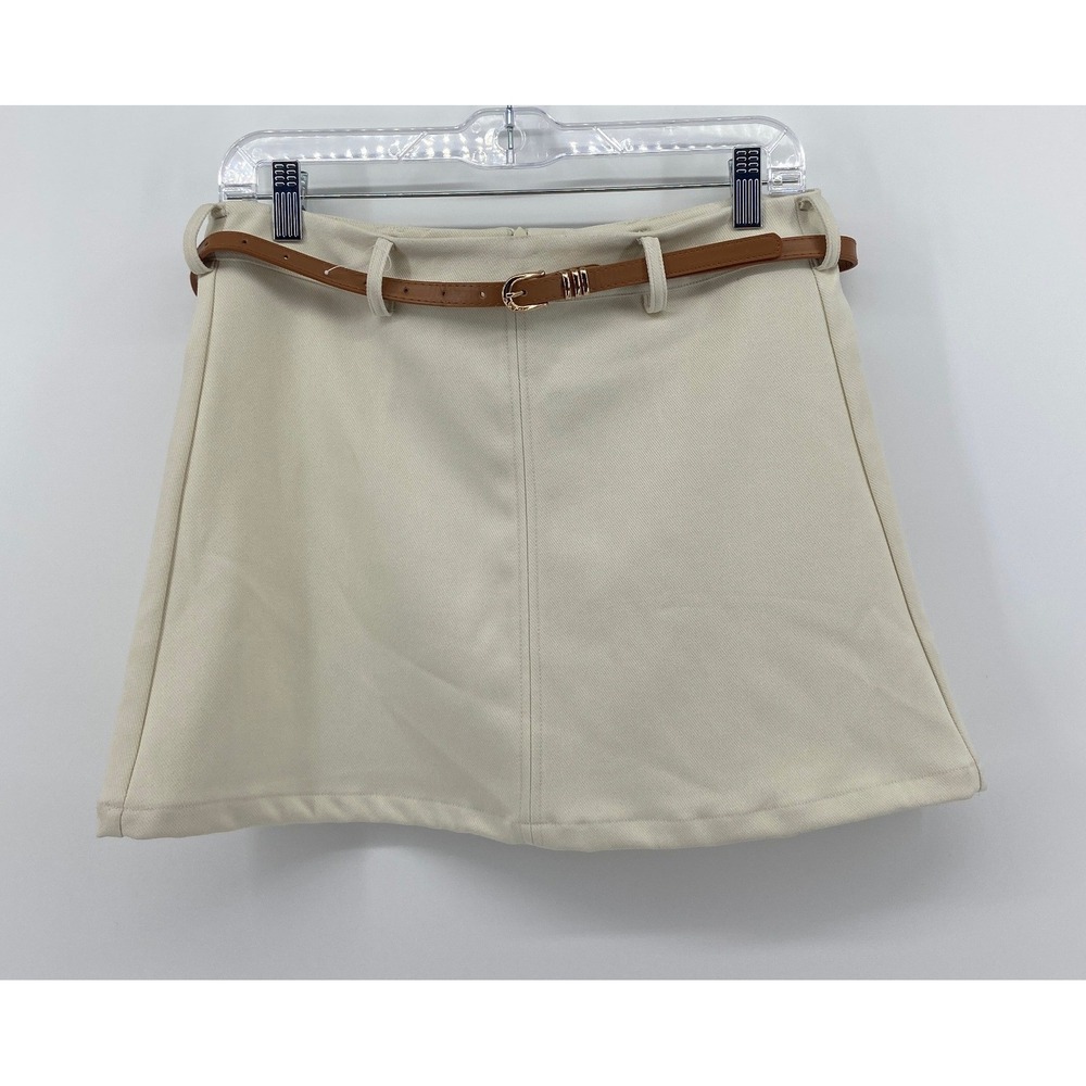 Amber Sky Womens Cream A-Line Mini Skirt with Brown Belt JB2617-YC Ivory Tan M